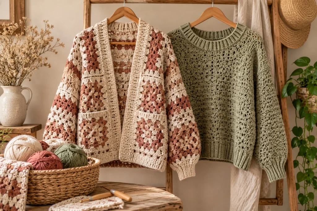 Handmade crochet cardigan and crochet sweater displayed with yarn and crochet supplies.