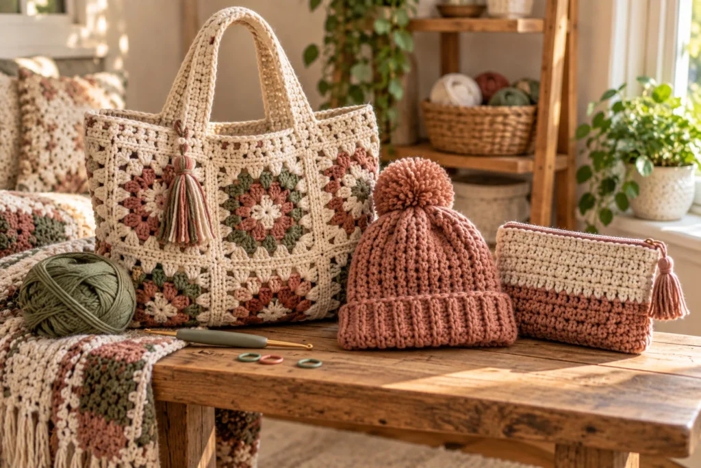 Crochet tote bag, beanie and handmade accessories displayed with yarn and a crochet hook.