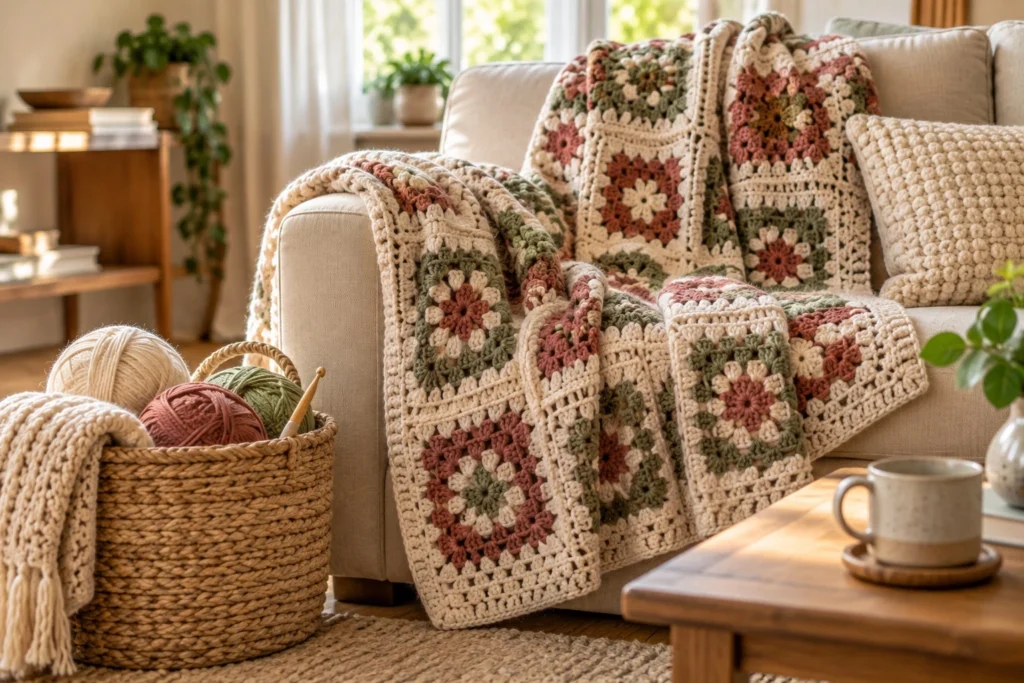 Handmade crochet blanket on a cozy sofa with yarn basket and crochet home décor.
