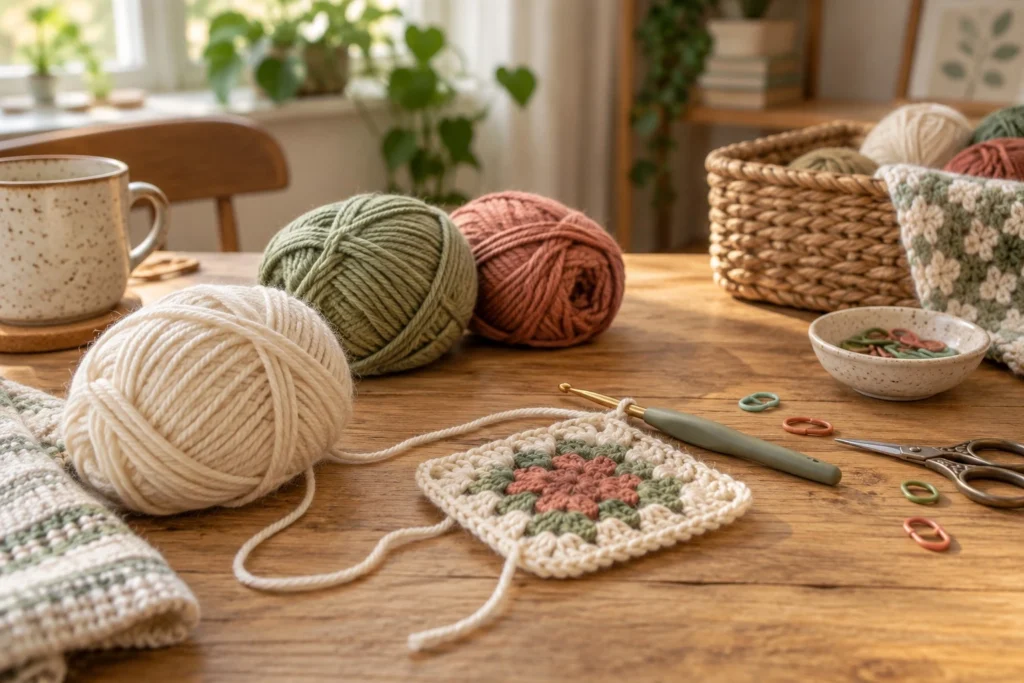 Beginner crochet project with yarn, crochet hook, stitch markers and an easy granny square pattern.